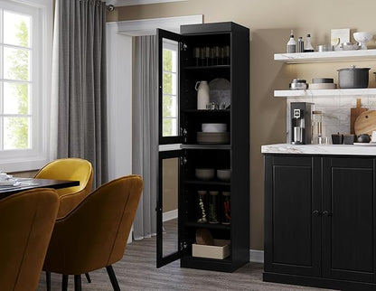 Palace Imports Solid Wood Kitchen Pantry Cabinet w/Glass Doors - Narrow Storage Cabinet - 16.5" Wide x 71.5" Tall - Black, Adjustable Shelves, 100% Eco-Friendly Wood, Modular Cabinets