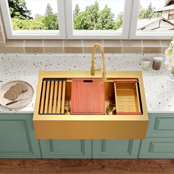 Gold Farmhouse Kitchen Sink 33 x 22 Drop In, 50/50 Double Bowl Farm Sinks, 16 Gauge Stainless Steel Workstation Sink with Ledge & Accessories, 33" x 22" x 10" Large and Deep Double Sinks