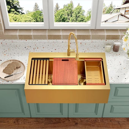 Gold Farmhouse Kitchen Sink 33 x 22 Drop In, 50/50 Double Bowl Farm Sinks, 16 Gauge Stainless Steel Workstation Sink with Ledge & Accessories, 33" x 22" x 10" Large and Deep Double Sinks