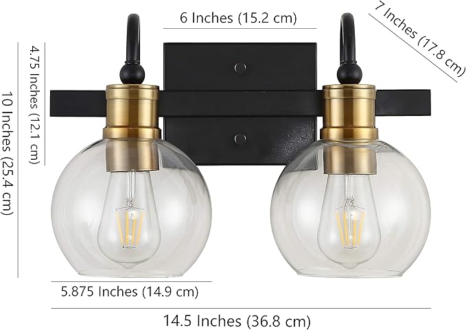 JONATHAN Y 14.5" Black/Brass Gold Vintage Wall Sconce, LED Vanity Light for Bathroom Bedroom Entryway, Clear Glass Globe Shade, Modern Industrial Arched Lamp, LED Bulb Included (JYL3527A)