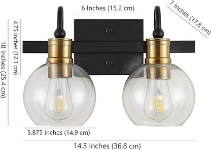 JONATHAN Y 14.5" Black/Brass Gold Vintage Wall Sconce, LED Vanity Light for Bathroom Bedroom Entryway, Clear Glass Globe Shade, Modern Industrial Arched Lamp, LED Bulb Included (JYL3527A)