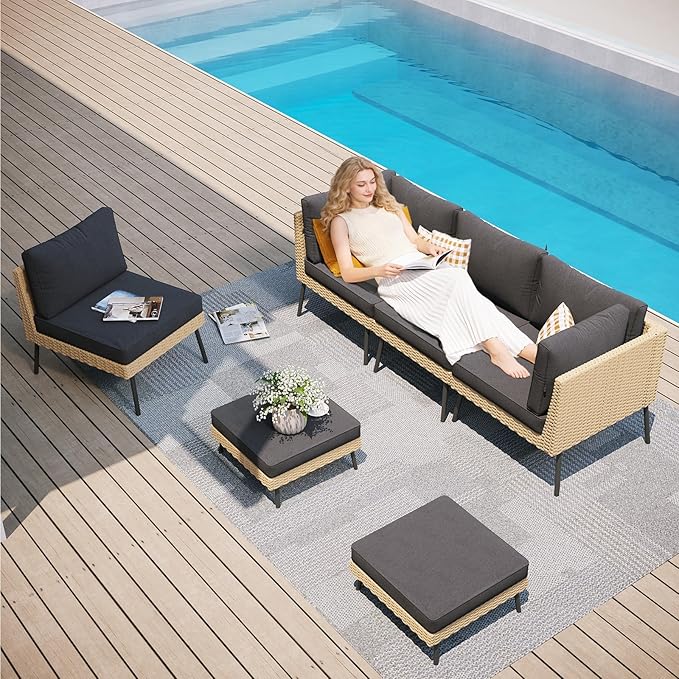 Aoxun 6-Piece Patio Furniture Set, Wicker Outdoor Furniture with Water Resistant Thick Cushions, Patio Conversation Set Outdoor Sectional Sofa with Coffee Table for Backyard Poolside, Black