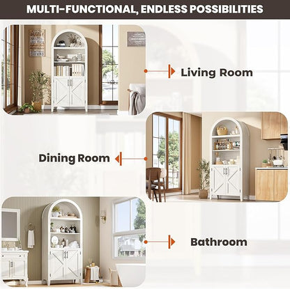 IDEALHOUSE Arched Kitchen Pantry Cabinet with Doors - 5-Tier Open Display Shelf with Nice Texture, Farmhouse Storage Cabinet for Kitchen, Dining Room, Living Room, White