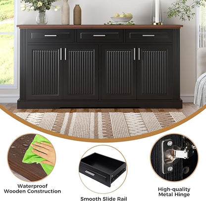 63" Large Buffet Sideboard with Storage, 32" Tall Kitchen Buffet Storage Cabinet with 3 Drawers, Modern Coffee Bar Cabinet with Handles, Long Sideboard Buffet Table for Kichen, Living Room (Black-01)