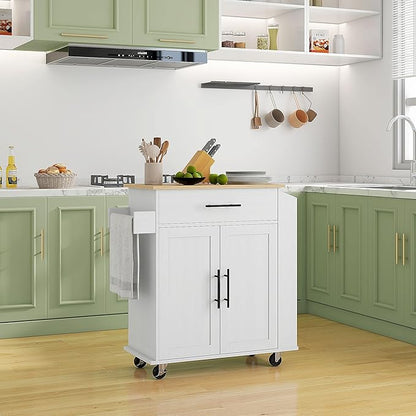 GOWE Kitchen Island with Storage, Rolling Kitchen Cart with AC Outlets and USB Ports, Microwave Stand with Towel and Spice Rack, White