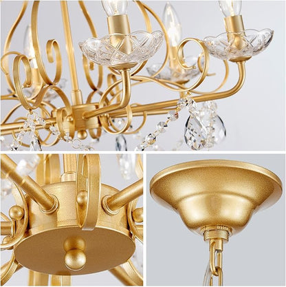 WUZUPS Crystal Candle Chandelier Pendant Flushmount Ceiling Light Modern Lighting Fixture for Bedroom Hallway Bar Kitchen Bathroom, H 22.5" x W 21.7", Gold, E12 Base
