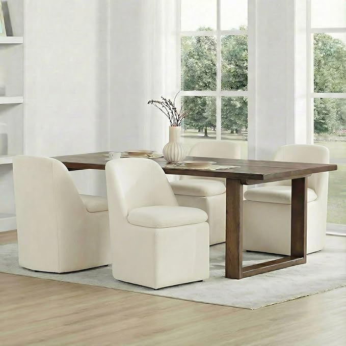 KISLOT Upholstered Dining Chairs Set of 4 with Casters, Modern Side Armless Deskchair with Washable Slipcover & Sturdy Metal Frame for Diningroom Bedroom Livingroom Reading Room, Beige Fabric