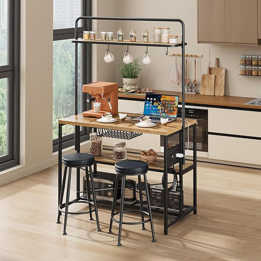 Industrial Kitchen Island Dining Table with Power Outlet & Storage, 2 Bar Stools, 3-Tier Bakers Rack, 5 Hooks, Microwave Stand, Coffee Bar – Space-Saving Design – 42 Inch – Annual Ring Grain