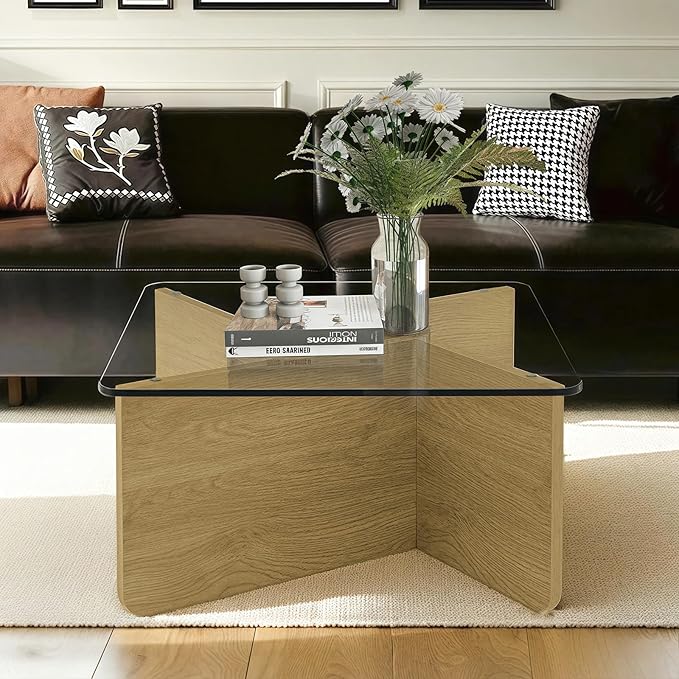 31.5" Square Glass Coffee Table, Mid-Century Modern Coffee Table with Tempered Glass Top and MDF Frame, Center Table for Small Spaces, Living Room, Office, Apartment, Wood