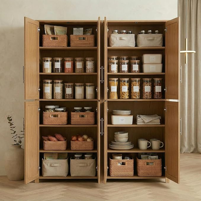 Casaphoria Kitchen Pantry Cabinet, 67" Tall Freestanding Kitchen Cabinet with 4 Adjustable Shelves, 56" W Storage Cabinet for Kitchen Pantry Organization (Natural Oak, Double)