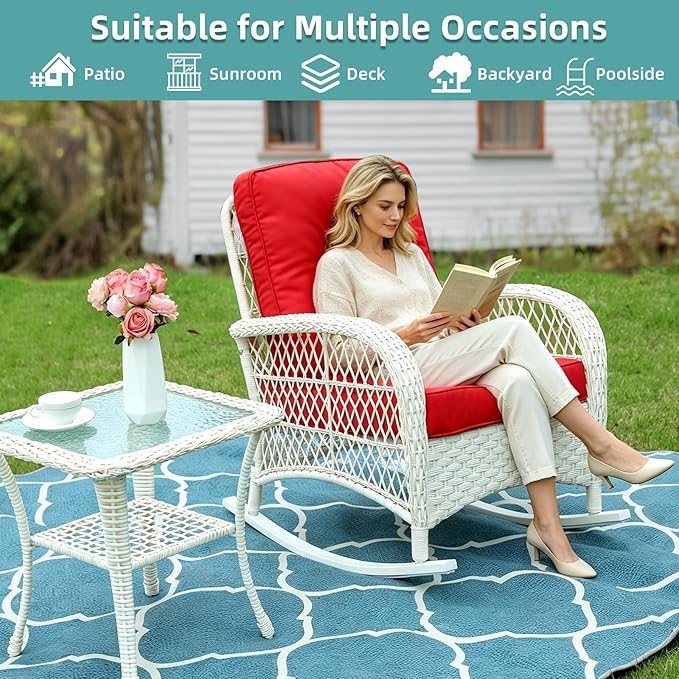 MEETWARM Wicker Outdoor Side Table, All-Weather Patio Rattan Side Table with Tempered Glass Top and Storage Shelf, Small Patio End Table for Outside Indoor Outdoor Balcony Porch Deck, Cream White