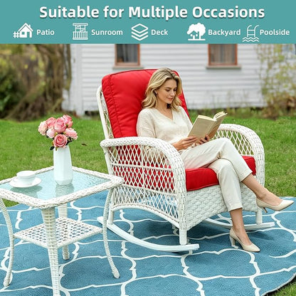 MEETWARM Wicker Outdoor Side Table, All-Weather Patio Rattan Side Table with Tempered Glass Top and Storage Shelf, Small Patio End Table for Outside Indoor Outdoor Balcony Porch Deck, Cream White