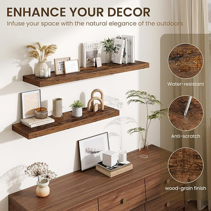 Fun Memories Floating Shelves for Wall - 10" x 10" Wood Shelf with Invisible Bracket - Deep Floating Shelves - 10 Inch Shelf Wall-Mounted for Living Room & Bathroom - Rustic Brown - Set of 2