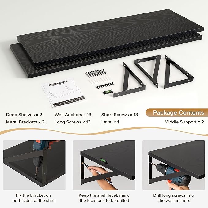 Acovy Deep Floating Shelves Wall Mounted, 36"x12" Black Wall Shelves with Brackets Set of 2 for Bedroom, Living Room, Bathroom, Kitchen, Office - Storage & Display Shelf for Decor, Books, Plants