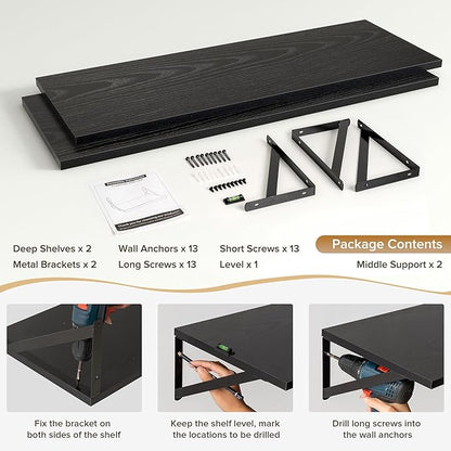 Acovy Deep Floating Shelves Wall Mounted, 36"x12" Black Wall Shelves with Brackets Set of 2 for Bedroom, Living Room, Bathroom, Kitchen, Office - Storage & Display Shelf for Decor, Books, Plants