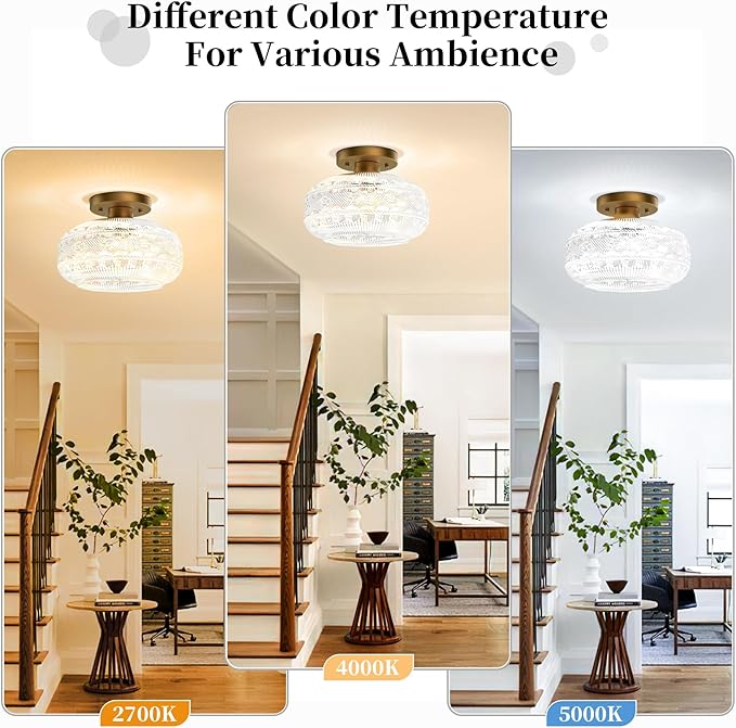 Industrial Semi Flush Mount Ceiling Light Fixture,Gold Globe Glass Hallway Lights Fixtures Ceiling,Vintage Ceiling Lights,Farmhouse Lights Fixture for Entryway Kitchen Bathroom,Bulb Not Included