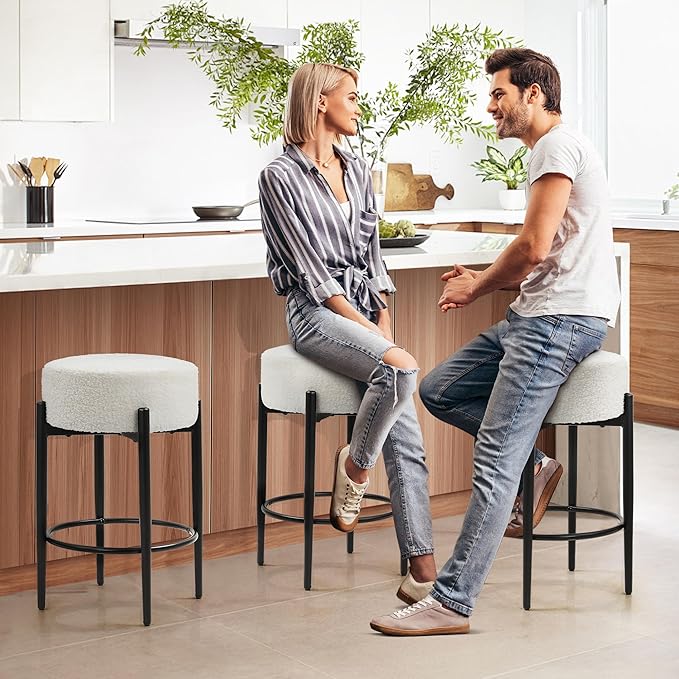 Murago Counter Height Bar Stools, Set of 4, 24" Modern Backless Bar Stools, Ideal for Kitchen Counter, Kitchen Island, Boucle Sherpa Padded Cover, with Round Soft Seat and Foot Rest, White