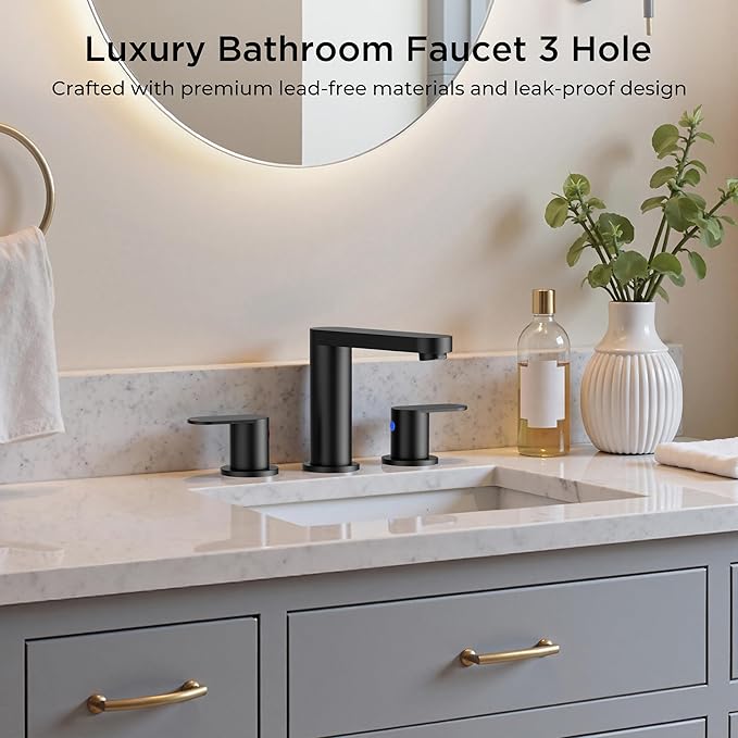 QFN Matte Black Bathroom Faucets 3 Hole, 8 inch Widespread Bathroom Faucet with Pop Up Drain and 24" cUPC Supply Hoses, Lead-Free Two Handles Suitable for 6-12 Inch RV, Restroom, Vanity Sink