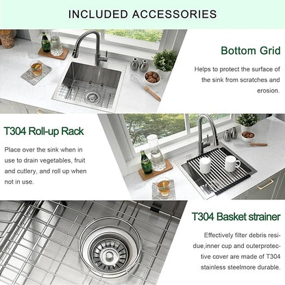 Drop In Kitchen Sink, 18 x 18 x 10 Inch 16 Gauge Single Bowl Topmount Wet Bar Sink T-304 Stainless Steel Kitchen Sinks