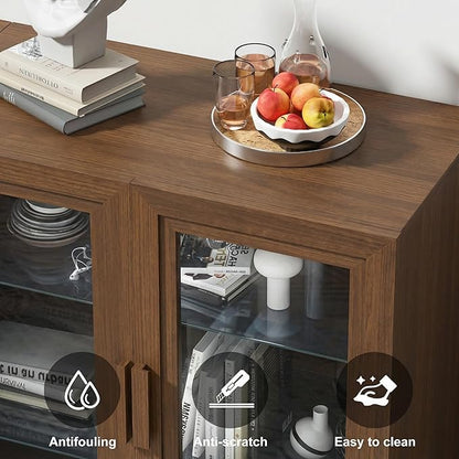 Casaphoria Adam Sideboard Buffet Cabinet with Storage, Display Cabinet with Glass Doors & Adjustable Shelves, 62" W x 36" H Buffet Cabinet for Entryway Kitchen Living Room, Walnut