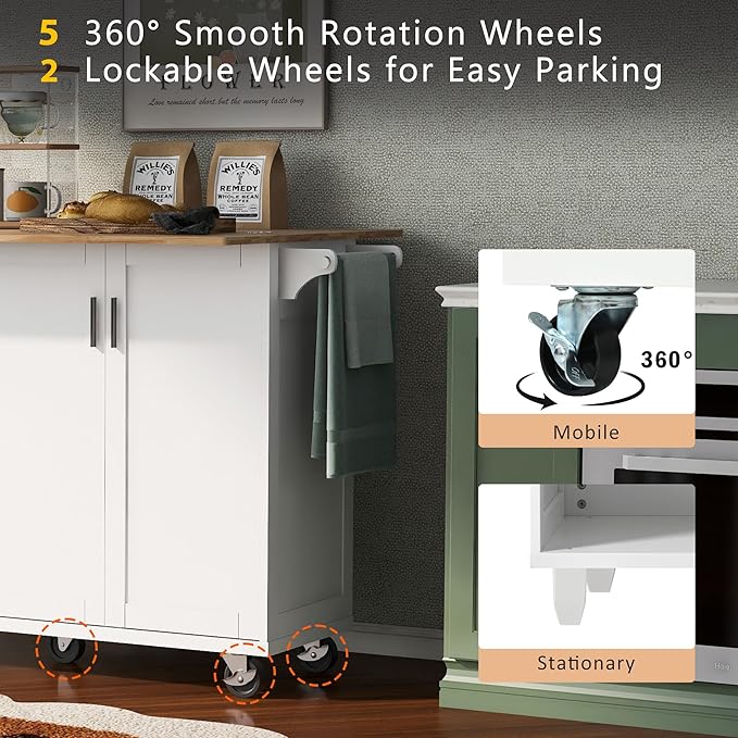 Rolling Kitchen Island Cart with Foldable Counter Top,Slide-Out Shelf and Lockable Wheels,Towel Rack and Drawer,for Kitchen Living Room Dining Room (White@y)