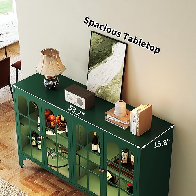 Foreate Sideboard Buffet Cabinet with Glass Door & LED Light, 53.2" Large Buffet Cabinet with Storage & Adjustable Shelf, Farmhouse Sideboard Credenzas Metal Kitchen Buffet, Green
