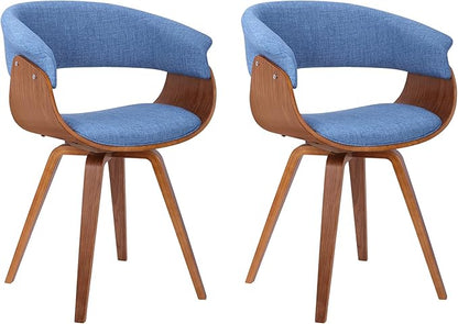 Armen Living Summer Mid-Century Chair in Blue Fabric with Walnut Wood Finish - Set of 2