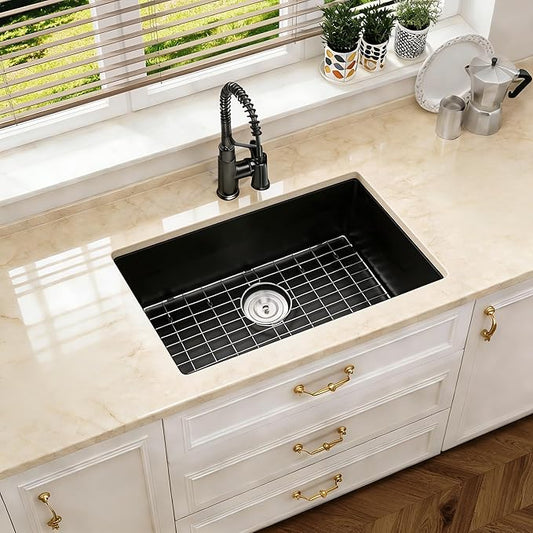 Kitsitchen 30 Inch Black Kitchen Sink, 30" x 18" Matte Black Granite Composite Kitchen Sink with Drain Assembly & Bottom Gird, 9" Undermount Kitchen Sink for Daily Life