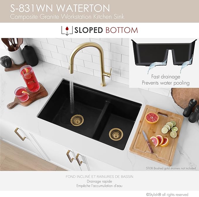 Stylish 30 x 18 Inch Composite Granite Workstation Kitchen Sink, 60/40 Double Bowl Under Mount & Drop in, 9.5 in Deep, Reversible, with Cutting Board, Colander, Colander & Strainer, Black, S-831WN