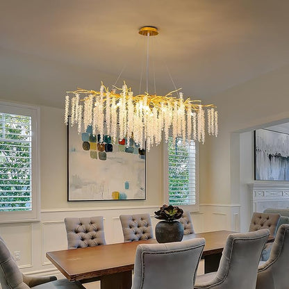 Tree Branch Chandelier L47 Luxury Rectangular Crystal Raindrop Pendant Light 13 Lights Kitchen Island Hanging Light Fixture for Living Room Dining Room Foyer Entryway Gold
