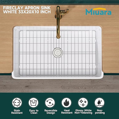 Miuara Farmhouse Sink 33 Inch - White Apron Front Kitchen Sink Reversible 33"x20"x10", Undermount, Farm House Style Large Deep Single Bowl, Heavy Duty Solid Fireclay, Glossy White, for Kitchen