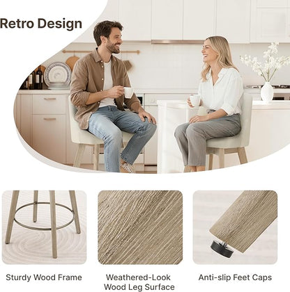 Counter Height Bar Stools Set of 4, Modern Swivel Barstools with Back and Wood Legs, Fabric Upholstered Bar Chairs, 26" Seat Height Counter Stools for Kitchen Island,Ivory