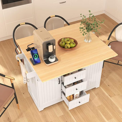 55.7'' Large kitchen Island with 2 Drop Leaf and Power Outlet, Rolling Kitchen Islands on Wheels with 3 Drawers and Storage Cabinet, Folding Dining Table with Spice & Towel Rack for Dining Room White