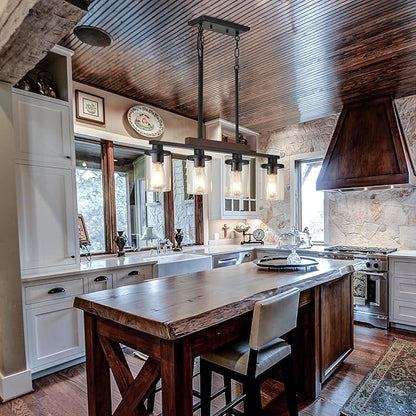 Kitchen Table Light Fixtures Over Island Ceiling Hanging,4-Light Rustic Wood Pendant Chandelier for Dining Room with with Glass Shade