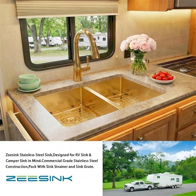 Gold RV Kitchen Sink 27 X 16 inch,50/50 Double Bowl Undermount Kitchen Sink,16 Gauge Stainless Steel Kitchen Sinks for RV