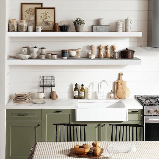 36"x6.8"x1.2" Solid Wood Floating Shelves 2-Pack - Rustic White Finish with Hidden Brackets, Perfect for Storage and Décor in Living Room, Kitchen, Bedroom