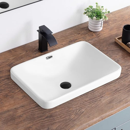Bathroom Vessel Sink 23.2" X 15.5" Semi Recessed Bathroom Sink Rectangular Drop In Bathroom Sinks with Overflow White Ceramic Vessel Sinks for Bathroom Modern Above Counter Basin Vanity Sink