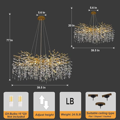 Crystal Tree Branches Chandeliers Round Raindrop Pendant Light Fixture 15 Lights for Dining Room Bedroom Living Room Entryway 39.5" Gold