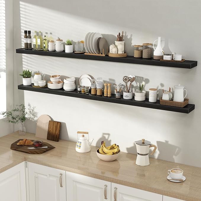 Acovy 72 Inch Floating Shelves for Wall 2 Pack, 72" Wall Shelves for Books, Storage, Decor, Wall Mounted Floating Shelf with Invisible Brackets for Kitchen, Living Room, Black