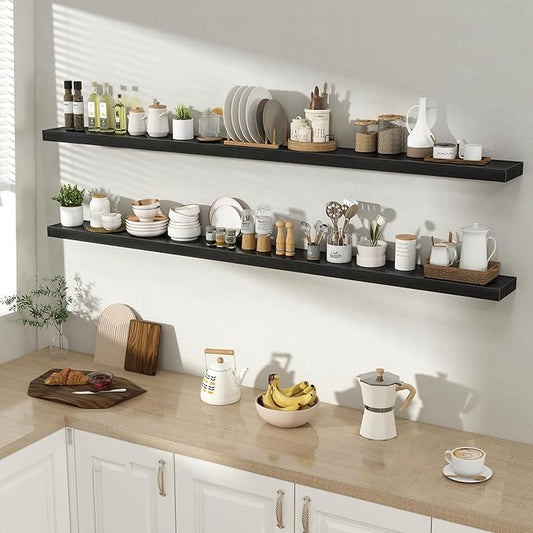 Acovy 72 Inch Floating Shelves for Wall 2 Pack, 72" Wall Shelves for Books, Storage, Decor, Wall Mounted Floating Shelf with Invisible Brackets for Kitchen, Living Room, Black