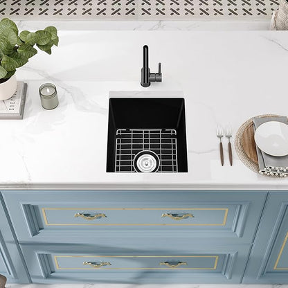 Rhbamoa Black Bar Sink Granite Composite,18''x16'' Matte Black Bar Sink Undermount,9 Inch Depth Small Single Bowl Quartz Kitchen Sinks with Accessories