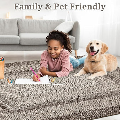 Imitation Braided Collection-Print 10x13 Area Rug for Living Room Large Washable Rug Non-Slip Non-Shedding Stain Resistant Thin Foldable Floor Cover Carpet for Bedroom Dining Room Classroom
