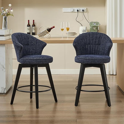 Wing Back Swivel Bar Stools Set of 2 25" Counter Height Adjustable Stools with Solid Wood Legs Chenille Upholstery, Leveling Feet for Kitchen Island, Home Pub or Dining Room, Blue
