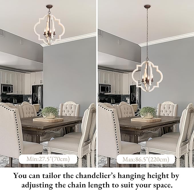 LALUZ Farmhouse White Wood Chandelier, Rustic 4-Light Distressed Pendant Light with Rust Brown Metal Frame, French Country Lighting Fixtures Adjustable Height for Dining Room, Kitchen Island, Foyer