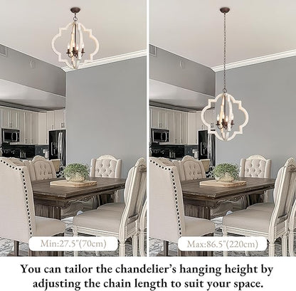 LALUZ Farmhouse White Wood Chandelier, Rustic 4-Light Distressed Pendant Light with Rust Brown Metal Frame, French Country Lighting Fixtures Adjustable Height for Dining Room, Kitchen Island, Foyer
