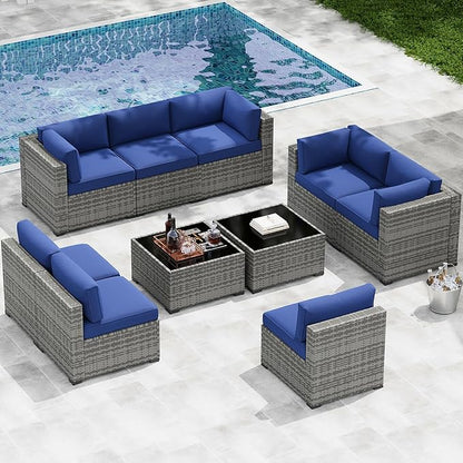 LazySunsets 10-Piece Patio Furniture Set, Wicker Rattan Outdoor Furniture with Thick Cushions, Patio Conversation Sets with Coffee Table, Outdoor Sectional Couch Sofa with Waterproof Cover, Blue