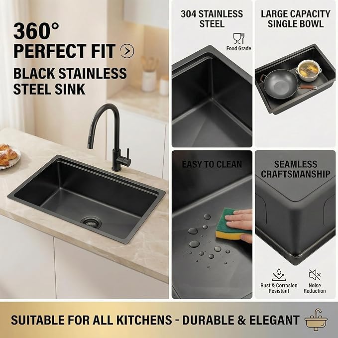 MILOSEN Black Undermount Kitchen Sink, 32x18 Inch T304 Black Stainless Steel Workstation Sink, 9 Inch Deep Single Bowl Kitchen Sink with Bottom Grid and Strainer, Modern Large Kitchen Sink