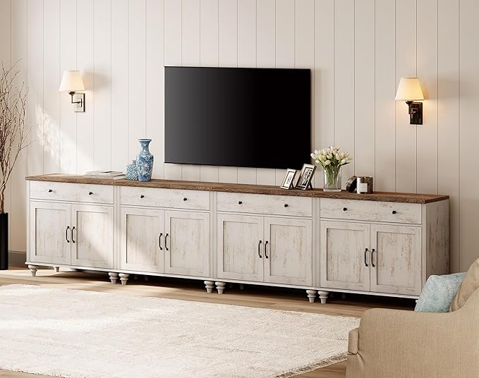 WAMPAT Large Buffet Cabinet with 8 Doors and 4 Drawers, Mid-Century Modern Coffee Bar Table Wood Kitchen Storage Cabinets, Farmhouse Sideboard Credenza for Dining Room, Rustic White, 134 inch