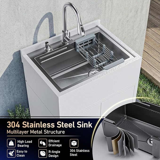 26" Freestanding Stainless Steel Utility Sink with Cabinet, Heavy-Duty Commercial Sink with Retractable Cold and Hot Water Faucet, Single-Bowl Kitchen Sink for Workshop, Garage, Laundry Room