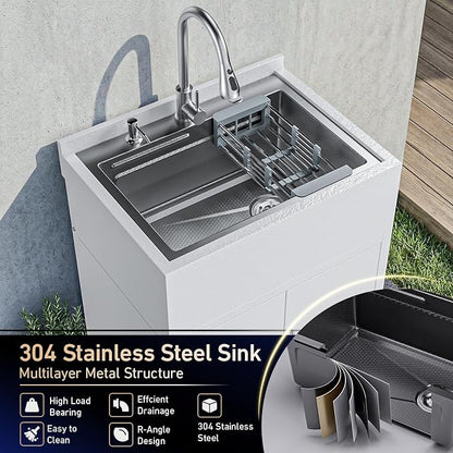 26" Freestanding Stainless Steel Utility Sink with Cabinet, Heavy-Duty Commercial Sink with Retractable Cold and Hot Water Faucet, Single-Bowl Kitchen Sink for Workshop, Garage, Laundry Room